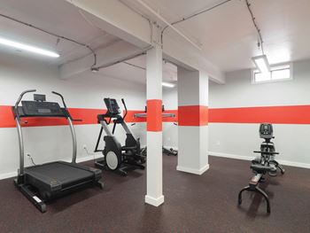 A gym with exercise equipment and a red stripe on the wall